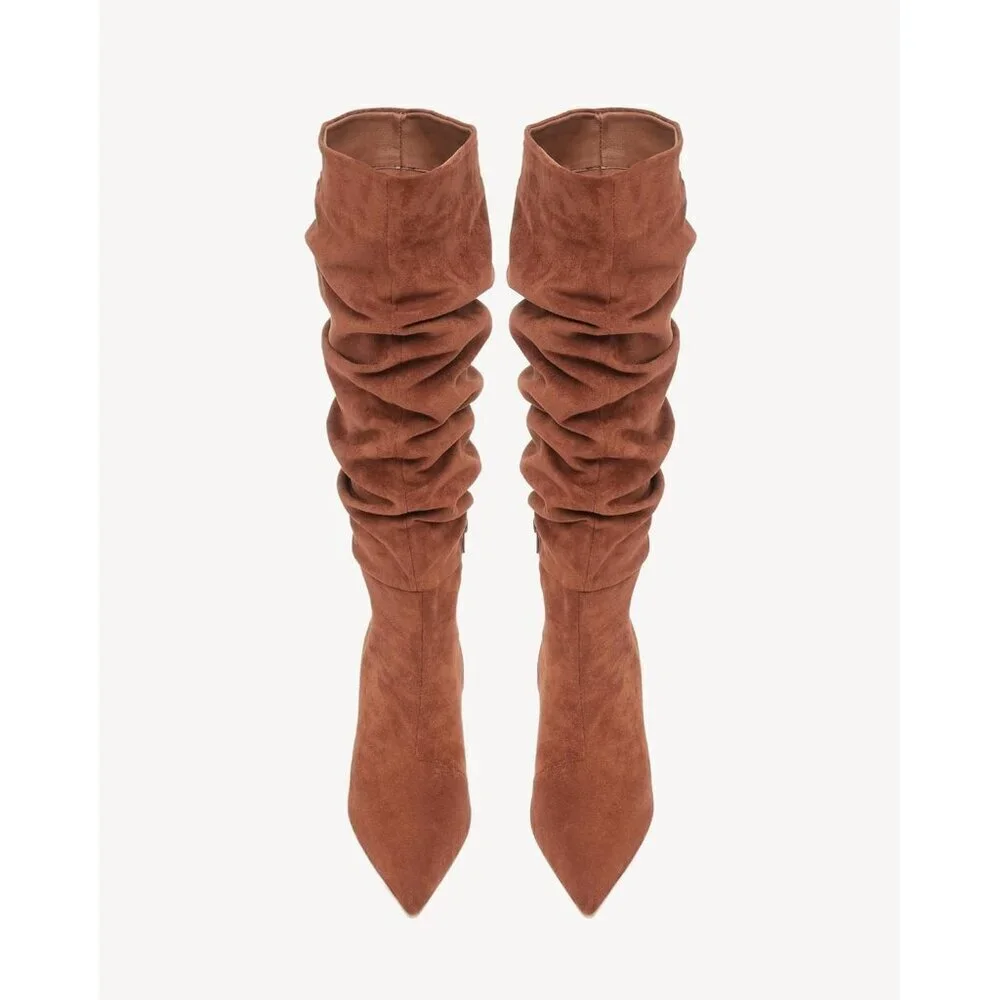 Brown Women's Slouchy Knee High Boots, Stiletto Heel, Pointed Toe, Pull-On